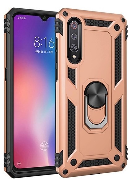 Xiaomi Mi 9 Kılıf Yüzüklü Standlı Ultra Korumalı Manyetik Vega Kapak-Gold + Nano Ekran Koruyucu