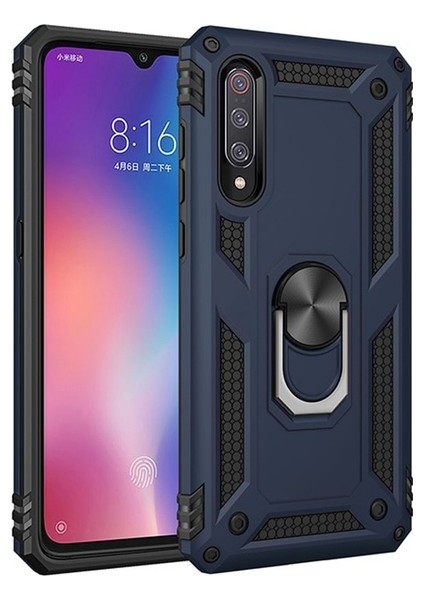 Xiaomi Mi 9 Kılıf Yüzüklü Standlı Ultra Korumalı Manyetik Vega Kapak-Lacivert + Nano Ekran Koruyucu