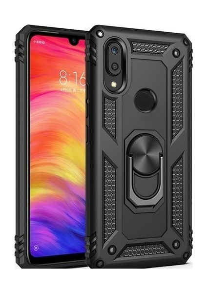 Xiaomi Redmi Note 7 Kılıf Yüzüklü Standlı Ultra Korumalı Manyetik Vega Kapak-Siyah + Nano Ekran Koruyucu