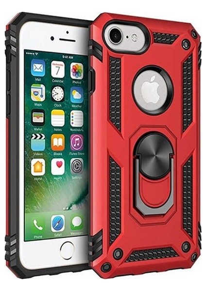 Apple iPhone 8 Kılıf Yüzüklü Standlı Ultra Korumalı Manyetik Vega Kapak-Kırmızı + Tam Kaplayan 5D Nano Ekran Koruyucu Beyaz