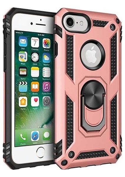 Apple iPhone 8 Kılıf Yüzüklü Standlı Ultra Korumalı Manyetik Vega Kapak-Rose + Tam Kaplayan 5D Nano Ekran Koruyucu Beyaz
