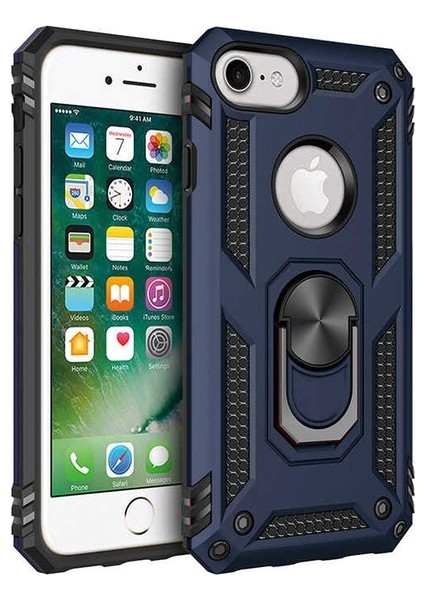 Apple iPhone 8 Kılıf Yüzüklü Standlı Ultra Korumalı Manyetik Vega Kapak-Lacivert + Tam Kaplayan 5D Nano Ekran Koruyucu Beyaz
