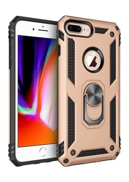 Apple iPhone 7 Plus Kılıf Yüzüklü Standlı Ultra Korumalı Manyetik Vega Kapak-Gold + Tam Kaplayan 5D Nano Ekran Koruyucu Beyaz