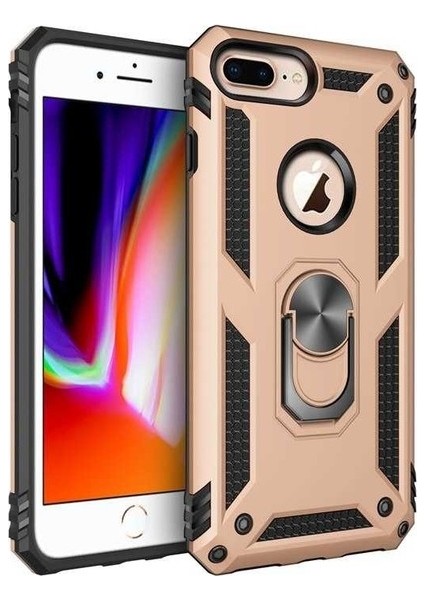 Apple iPhone 8 Plus Kılıf Yüzüklü Standlı Ultra Korumalı Manyetik Vega Kapak-Gold + Tam Kaplayan 5D Nano Ekran Koruyucu Beyaz