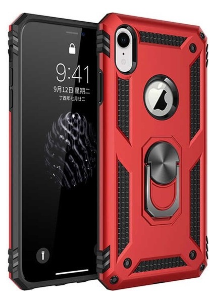 Apple iPhone XR Kılıf Yüzüklü Standlı Ultra Korumalı Manyetik Vega Kapak-Kırmızı + Tam Kaplayan 5D Nano Ekran Koruyucu