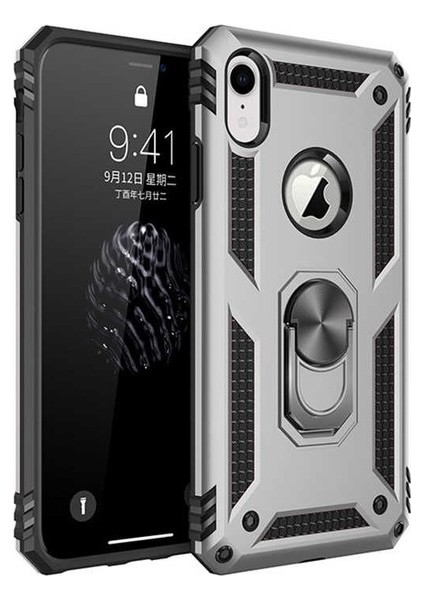 Apple iPhone XR Kılıf Yüzüklü Standlı Ultra Korumalı Manyetik Vega Kapak-Gümüş + Tam Kaplayan 5D Nano Ekran Koruyucu