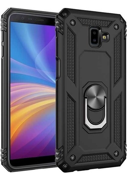 Samsung Galaxy J4 Plus Kılıf Yüzüklü Standlı Ultra Korumalı Manyetik Vega Kapak-Siyah + Tam Kaplayan 5D Nano Ekran Koruyucu