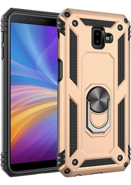 Samsung Galaxy J4 Plus Kılıf Yüzüklü Standlı Ultra Korumalı Manyetik Vega Kapak-Gold + Tam Kaplayan 5D Nano Ekran Koruyucu