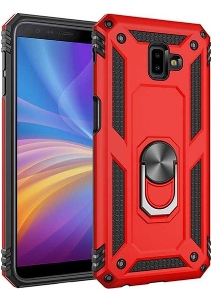 Samsung Galaxy J4 Plus Kılıf Yüzüklü Standlı Ultra Korumalı Manyetik Vega Kapak-Kırmızı + Tam Kaplayan 5D Nano Ekran Koruyucu