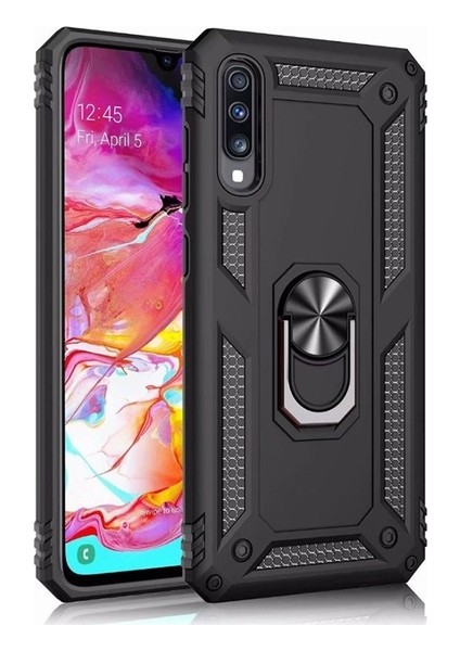 Samsung Galaxy A70 Kılıf Yüzüklü Standlı Ultra Korumalı Manyetik Vega Kapak-Siyah + Tam Kaplayan 6D Nano Ekran Koruyucu