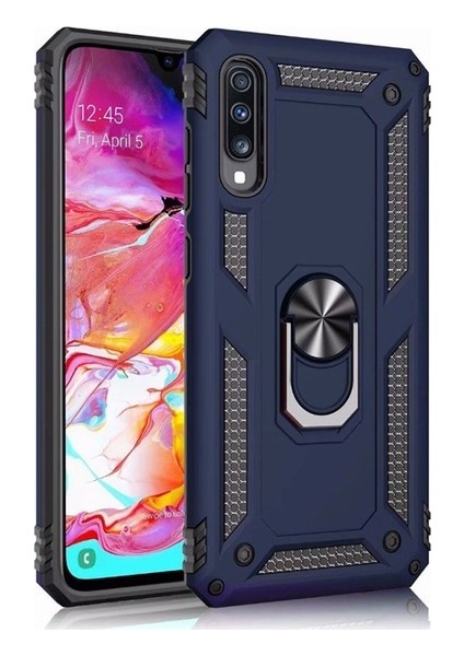 Samsung Galaxy A70 Kılıf Yüzüklü Standlı Ultra Korumalı Manyetik Vega Kapak-Lacivert + Tam Kaplayan 6D Nano Ekran Koruyucu