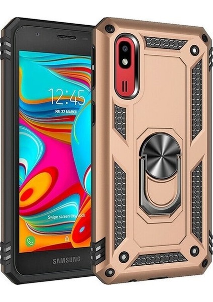 Samsung Galaxy A2 Core Kılıf Yüzüklü Standlı Ultra Korumalı Manyetik Vega Kapak-Gold + Tam Kaplayan 6D Nano Ekran Koruyucu