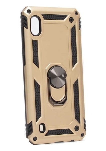 Samsung Galaxy M10 Kılıf Yüzüklü Standlı Ultra Korumalı Manyetik Vega Kapak-Gold + Tam Kaplayan 6D Nano Ekran Koruyucu