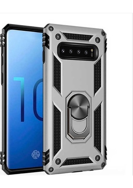 Samsung Galaxy S10 Kılıf Yüzüklü Standlı Ultra Korumalı Manyetik Vega Kapak-Gümüş + Tam Kaplayan 6D Nano Ekran Koruyucu