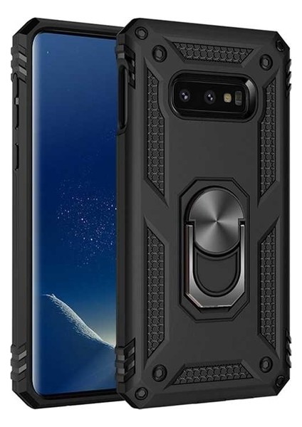 Samsung Galaxy S10e Kılıf Yüzüklü Standlı Ultra Korumalı Manyetik Vega Kapak-Siyah + Tam Kaplayan 6D Nano Ekran Koruyucu