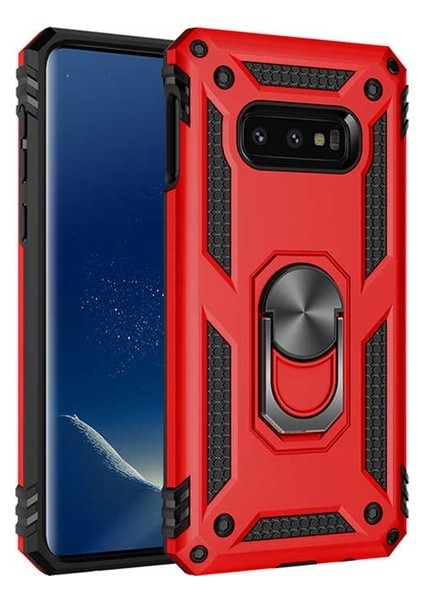Samsung Galaxy S10e Kılıf Yüzüklü Standlı Ultra Korumalı Manyetik Vega Kapak-Kırmızı + Tam Kaplayan 6D Nano Ekran Koruyucu