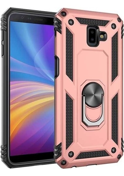 Samsung Galaxy J4 Plus Kılıf Yüzüklü Standlı Ultra Korumalı Manyetik Vega Kapak-Rose + Tam Kaplayan 6D Nano Ekran Koruyucu