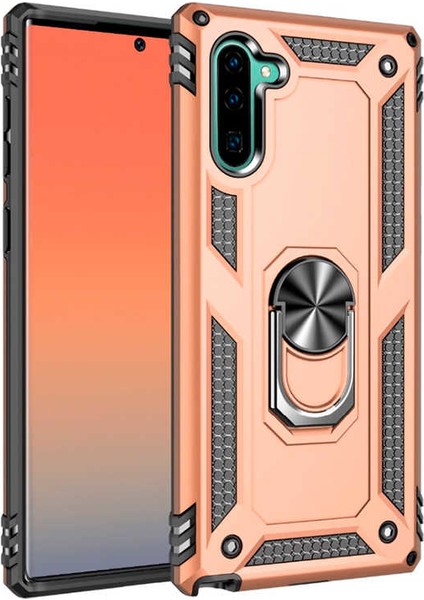 Samsung Galaxy Note 10 Kılıf Yüzüklü Standlı Ultra Korumalı Manyetik Vega Kapak-Gold + Tam Kaplayan 6D Nano Ekran Koruyucu