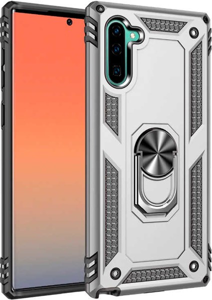 Samsung Galaxy Note 10 Kılıf Yüzüklü Standlı Ultra Korumalı Manyetik Vega Kapak-Gümüş + Tam Kaplayan 6D Nano Ekran Koruyucu