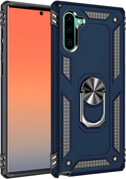 Samsung Galaxy Note 10 Kılıf Yüzüklü Standlı Ultra Korumalı Manyetik Vega Kapak-Lacivert + Tam Kaplayan 6D Nano Ekran Koruyucu