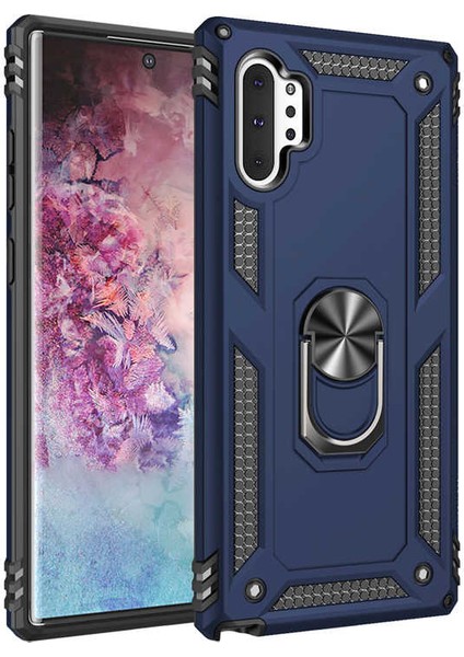 Samsung Galaxy Note 10 Plus Kılıf Yüzüklü Standlı Ultra Korumalı Manyetik Vega Kapak-Lacivert + Tam Kaplayan 6D Nano Ekran Koruyucu