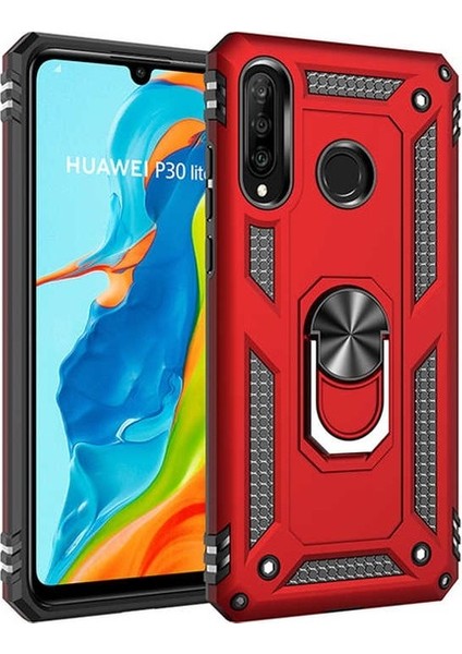 Huawei P30 Lite Kılıf Yüzüklü Standlı Ultra Korumalı Manyetik Vega Kapak-Kırmızı + Tam Kaplayan 6D Nano Ekran Koruyucu