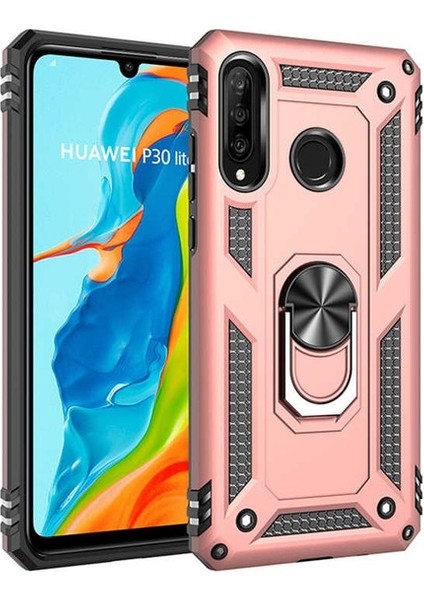 Huawei P30 Lite Kılıf Yüzüklü Standlı Ultra Korumalı Manyetik Vega Kapak-Rose + Tam Kaplayan 6D Nano Ekran Koruyucu
