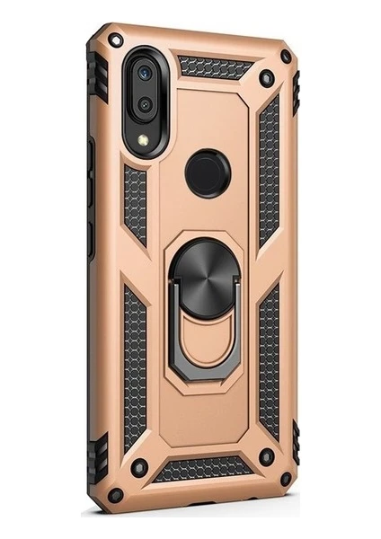 Tekno Grup Huawei Y7 2019 Kılıf Yüzüklü Standlı Ultra Korumalı Manyetik Vega Kapak-Gold + Tam Kaplayan 6D Nano Ekran Koruyucu