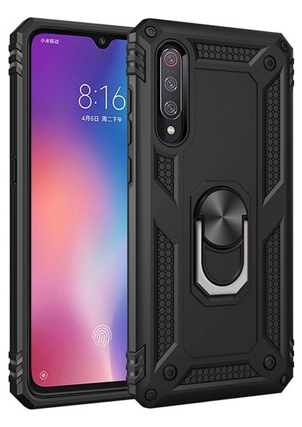 Xiaomi Mi 9 Kılıf Yüzüklü Standlı Ultra Korumalı Manyetik Vega Kapak-Siyah + Tam Kaplayan 6D Nano Ekran Koruyucu