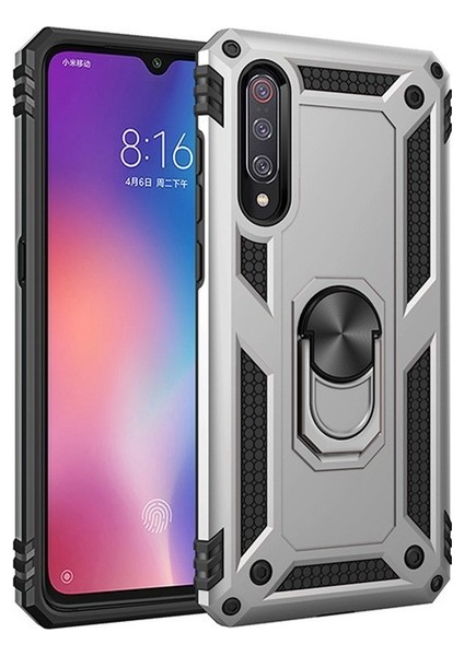 Xiaomi Mi 9 Kılıf Yüzüklü Standlı Ultra Korumalı Manyetik Vega Kapak-Gümüş + Tam Kaplayan 6D Nano Ekran Koruyucu