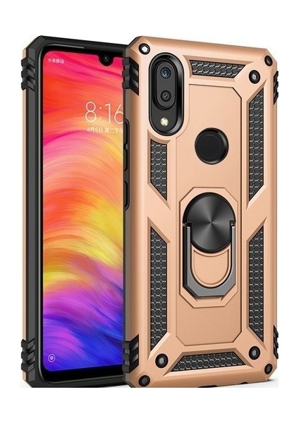 Xiaomi Redmi Note 7 Kılıf Yüzüklü Standlı Ultra Korumalı Manyetik Vega Kapak-Gold + Tam Kaplayan 6D Nano Ekran Koruyucu