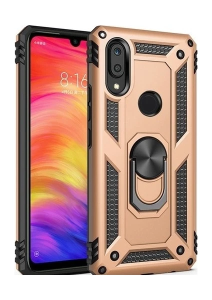 Tekno Grup Xiaomi Redmi Note 7 Kılıf Yüzüklü Standlı Ultra Korumalı Manyetik Vega Kapak-Gold + Tam Kaplayan 6D Nano Ekran Koruyucu