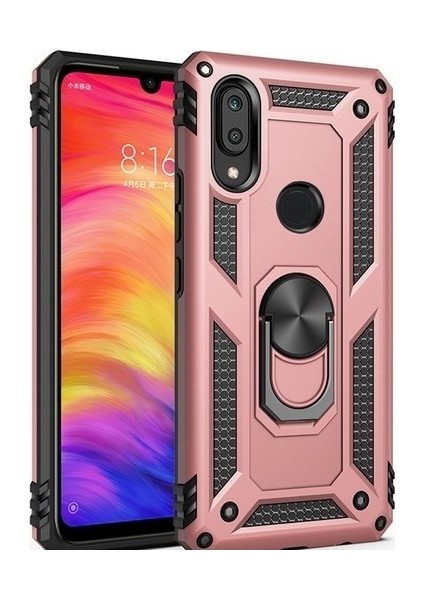 Xiaomi Redmi Note 7 Kılıf Yüzüklü Standlı Ultra Korumalı Manyetik Vega Kapak-Rose + Tam Kaplayan 6D Nano Ekran Koruyucu