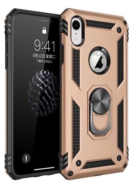 Apple iPhone XR Kılıf Yüzüklü Standlı Ultra Korumalı Manyetik Vega Kapak-Gold + Full Body Ekran Koruyucu