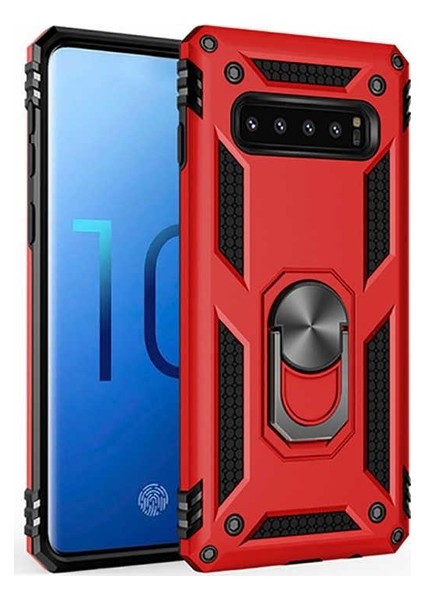 Samsung Galaxy S10 Kılıf Yüzüklü Standlı Ultra Korumalı Manyetik Vega Kapak-Kırmızı + Full Body Ekran Koruyucu