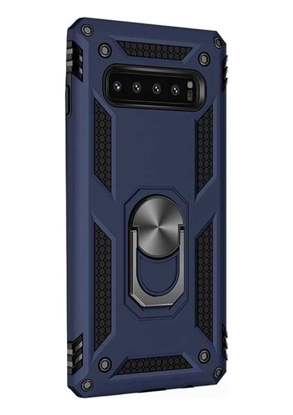 Samsung Galaxy S10 Plus Kılıf Yüzüklü Standlı Ultra Korumalı Manyetik Vega Kapak-Lacivert + Full Body Ekran Koruyucu