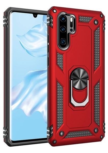Huawei P30 Pro Kılıf Yüzüklü Standlı Ultra Korumalı Manyetik Vega Kapak-Kırmızı + Full Body Ekran Koruyucu