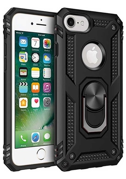 Apple iPhone 7 Kılıf Yüzüklü Standlı Ultra Korumalı Manyetik Vega Kapak-Siyah + Full Body 360 Ekran Koruyucu (Ön-Arka)