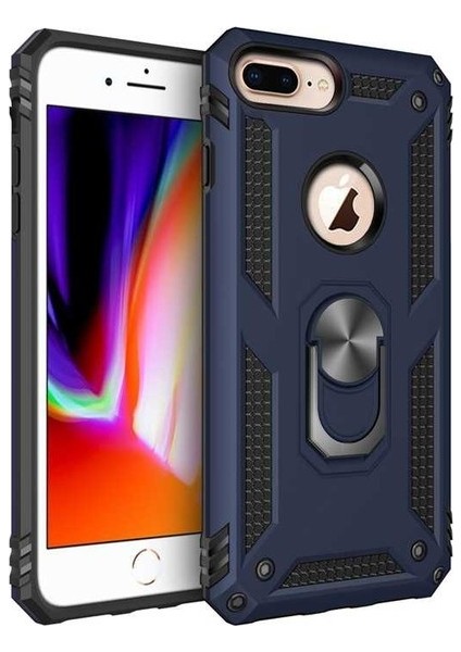Apple iPhone 7 Plus Kılıf Yüzüklü Standlı Ultra Korumalı Manyetik Vega Kapak-Lacivert + Full Body 360 Ekran Koruyucu (Ön-Arka)