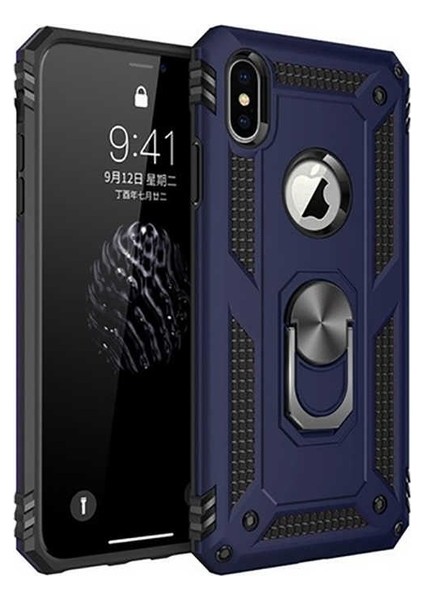 Apple iPhone XS Kılıf Yüzüklü Standlı Ultra Korumalı Manyetik Vega Kapak-Lacivert + Full Body 360 Ekran Koruyucu (Ön-Arka)