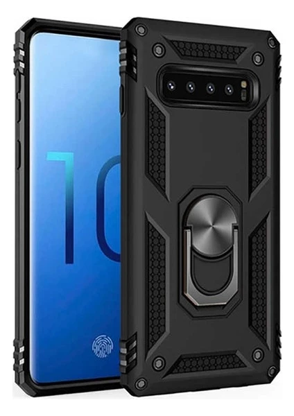 Tekno Grup Samsung Galaxy S10 Kılıf Yüzüklü Standlı Ultra Korumalı Manyetik Vega Kapak-Siyah + Full Body 360 Ekran Koruyucu (Ön-Arka)