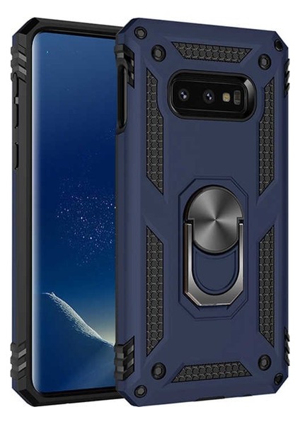 Samsung Galaxy S10e Kılıf Yüzüklü Standlı Ultra Korumalı Manyetik Vega Kapak-Lacivert + Full Body 360 Ekran Koruyucu (Ön-Arka)
