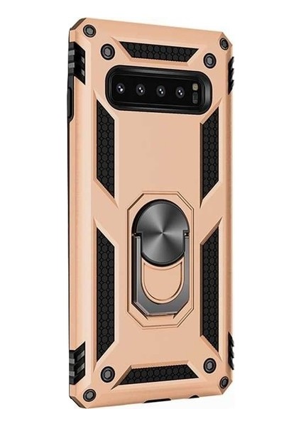 Samsung Galaxy S10 Plus Kılıf Yüzüklü Standlı Ultra Korumalı Manyetik Vega Kapak-Gold + Full Body 360 Ekran Koruyucu (Ön-Arka)