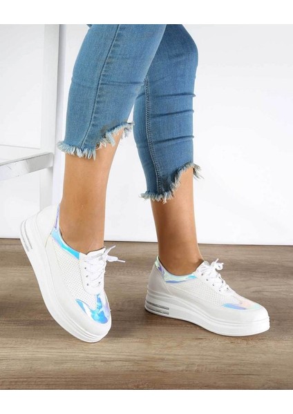 Beyaz Cilt Hologram Kalın Taban Kadın Spor Ayakkabı