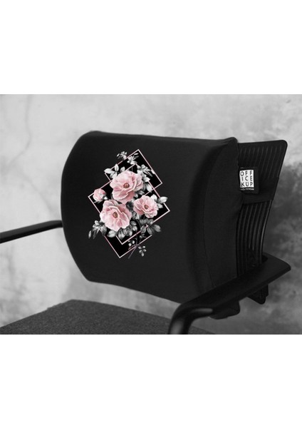Office Küp Bel Yastığı Ofis Koltuk Minderi Siyah Flower Duet