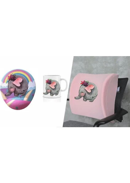 Office Küp 3'lü Ofis Seti Bel Yastığı Kahve Bardağı Mouse Pad Pembe Fil