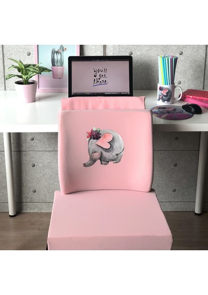 Office Küp 3'lü Ofis Seti Bel Yastığı Kahve Bardağı Mouse Pad Pembe Fil