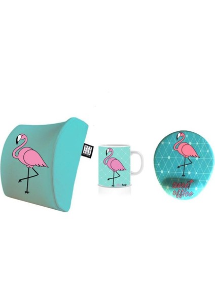 Office Küp 3'lü Ofis Seti Bel Yastığı Kahve Bardağı Mouse Pad Turkuaz Flamingo