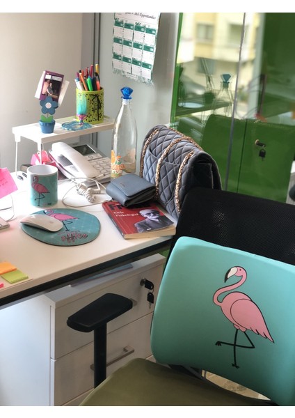 Office Küp 3'lü Ofis Seti Bel Yastığı Kahve Bardağı Mouse Pad Turkuaz Flamingo