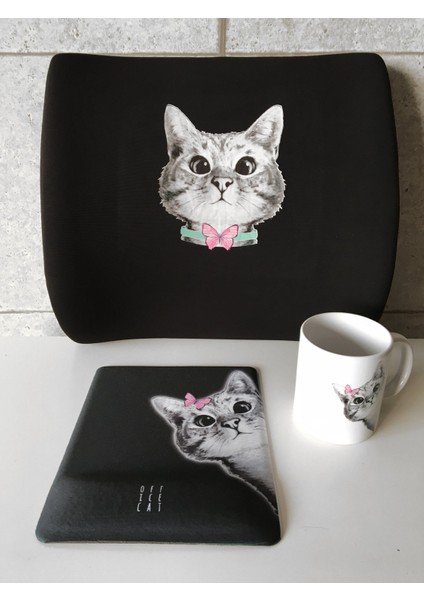 Office Küp 3'lü Ofis Seti Bel Yastığı Kahve Bardağı Mouse Pad Siyah Kedi